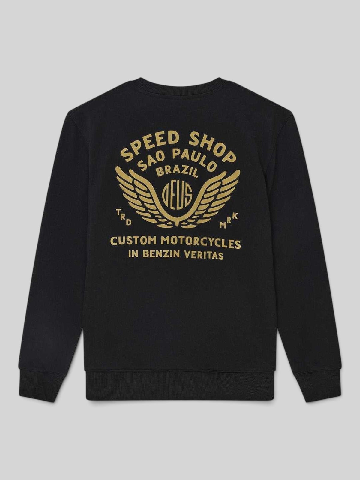 Baffle Haus Munificence black crew neck fleece with gold Speed Shop Brazil graphic print on the back