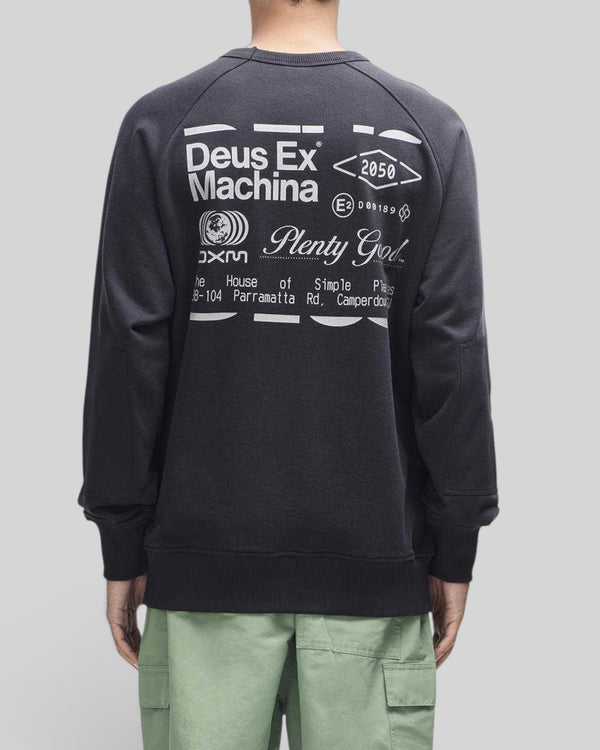 Baffle Haus Plenty Good crew neck fleece in black with white graphic print on back and nylon ripstop sleeve panels.