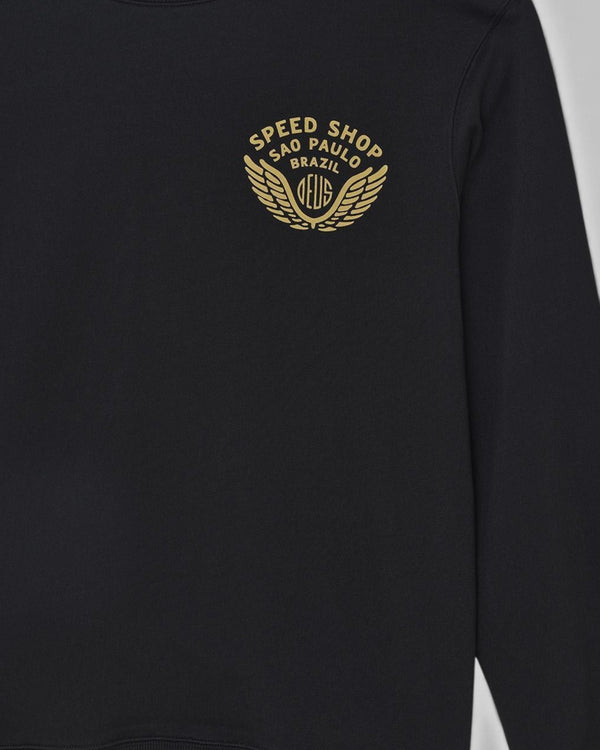 Baffle Haus Munificence black crew neck fleece with gold Speed Shop Brazil chest graphic print