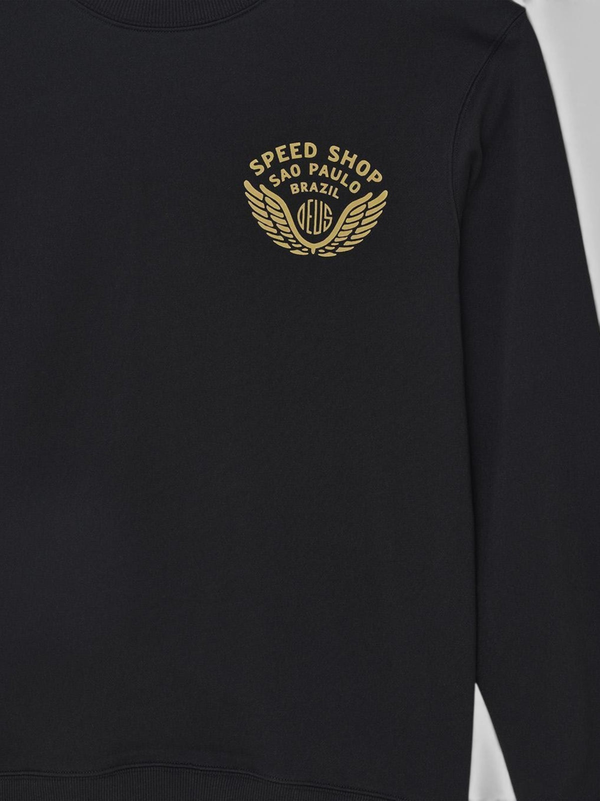 Baffle Haus Munificence black crew neck fleece with gold Speed Shop Brazil chest graphic print