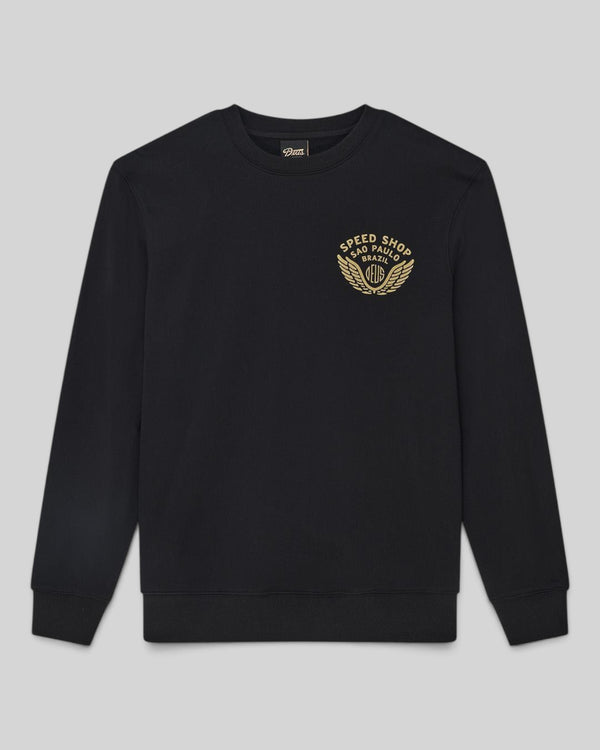 Baffle Haus Munificence black crew neck fleece with gold Speed Shop Sao Paulo graphic on the chest