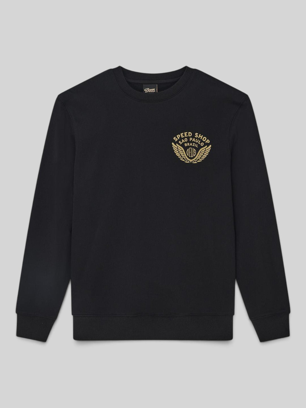 Baffle Haus Munificence black crew neck fleece with gold Speed Shop Sao Paulo graphic on the chest