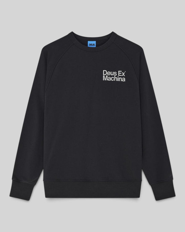 Baffle Haus Plenty Good black crew neck fleece with white chest logo print and raglan sleeves
