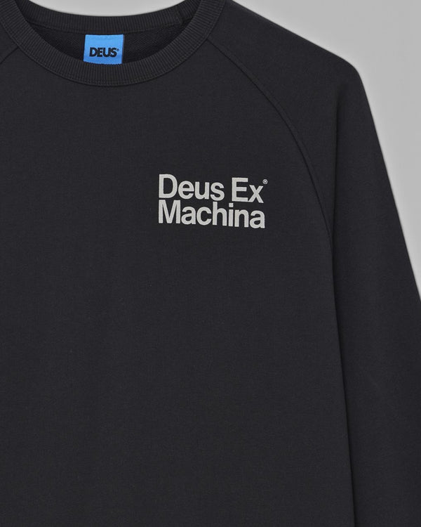 Baffle Haus Plenty Good crew neck fleece in black with white Deus Ex Machina chest logo print
