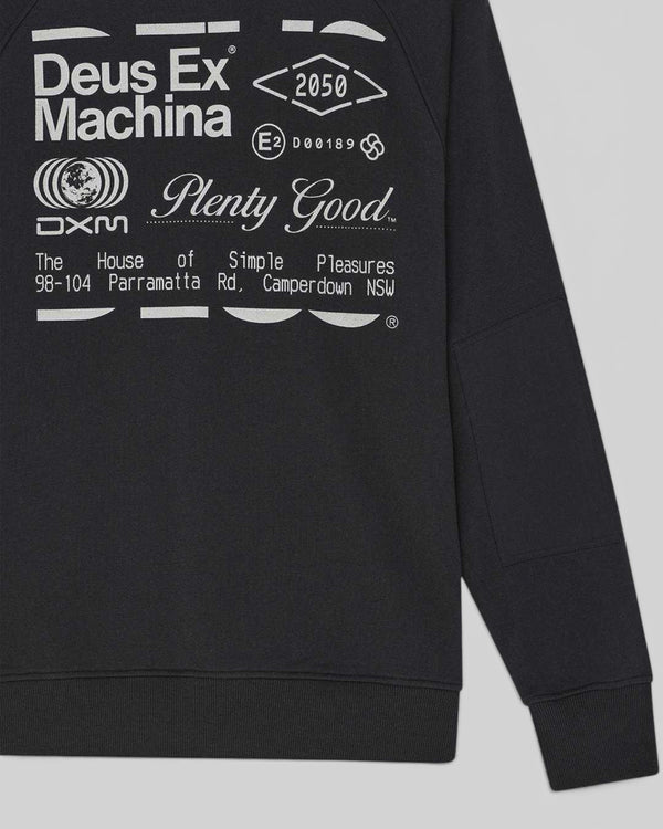 Baffle Haus black crew neck fleece featuring white graphic print on chest and durable nylon ripstop sleeve panels.