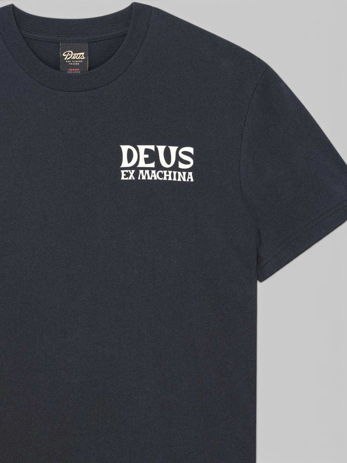 Baffle Haus black box fit t-shirt with white Deus Ex Machina chest logo print in recycled cotton blend fabric
