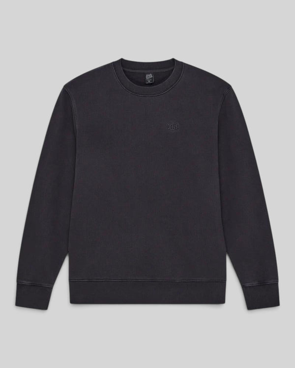Baffle Haus black garment dyed crew neck sweatshirt with embroidered chest logo in a heavyweight brushed fleece