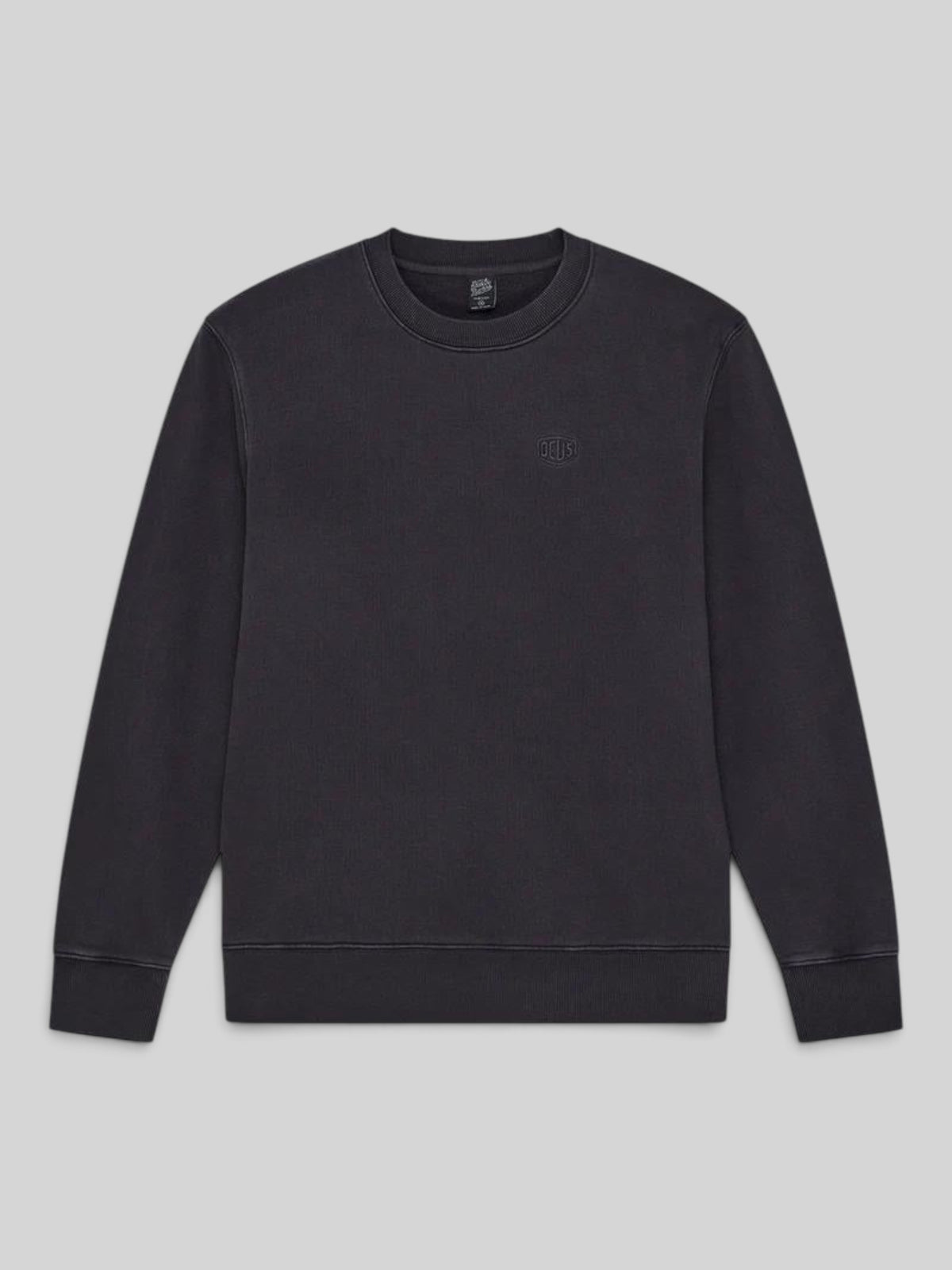 Baffle Haus black garment dyed crew neck sweatshirt with embroidered chest logo in a heavyweight brushed fleece