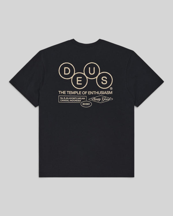 Baffle Haus black short sleeve t-shirt featuring a white graphic print on the back made from organic cotton jersey.