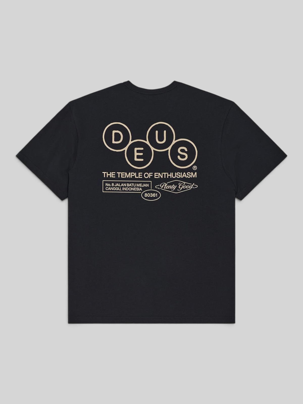 Baffle Haus black short sleeve t-shirt featuring a white graphic print on the back made from organic cotton jersey.
