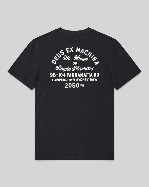 Baffle Haus black organic cotton box fit t-shirt featuring white graphic print on the back