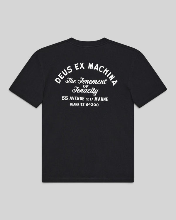 Baffle Haus black organic cotton jersey t-shirt featuring white graphic print on the back