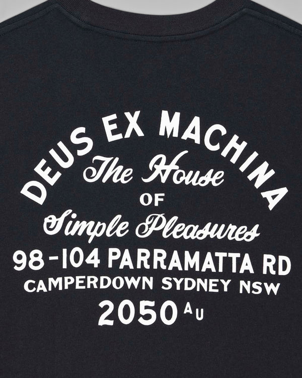 Baffle Haus black organic cotton t-shirt featuring white graphic print on the back with vintage typography