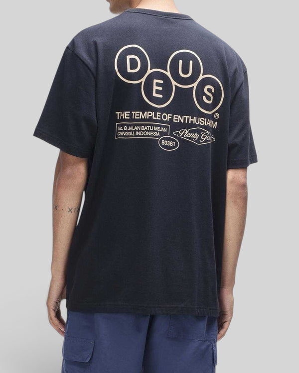 Baffle Haus black short sleeve cotton t-shirt with graphic print on back featuring circular logo and text