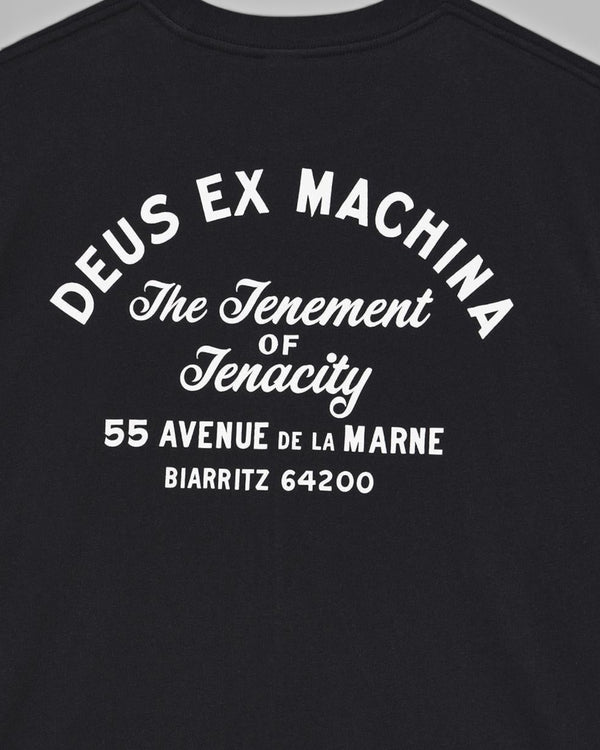 Baffle Haus black organic cotton t-shirt featuring white graphic text on the back with vintage typography