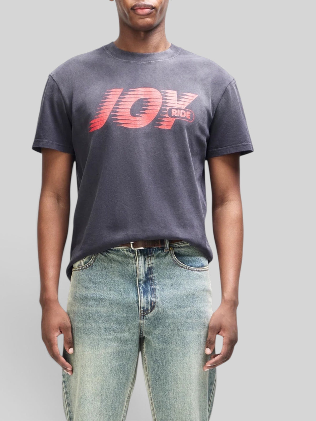 Baffle Haus vintage fit black recycled cotton t-shirt with red Joy Ride graphic print on chest