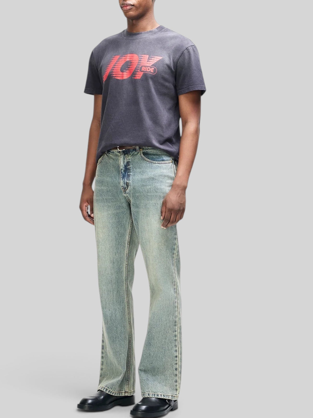Baffle Haus vintage fit black pigment dyed recycled cotton t-shirt with red graphic print on chest