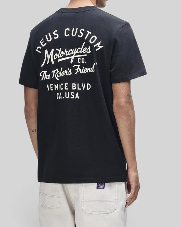 Baffle Haus black regular fit short sleeve tee with white Deus Custom Motorcycles graphic print on the back