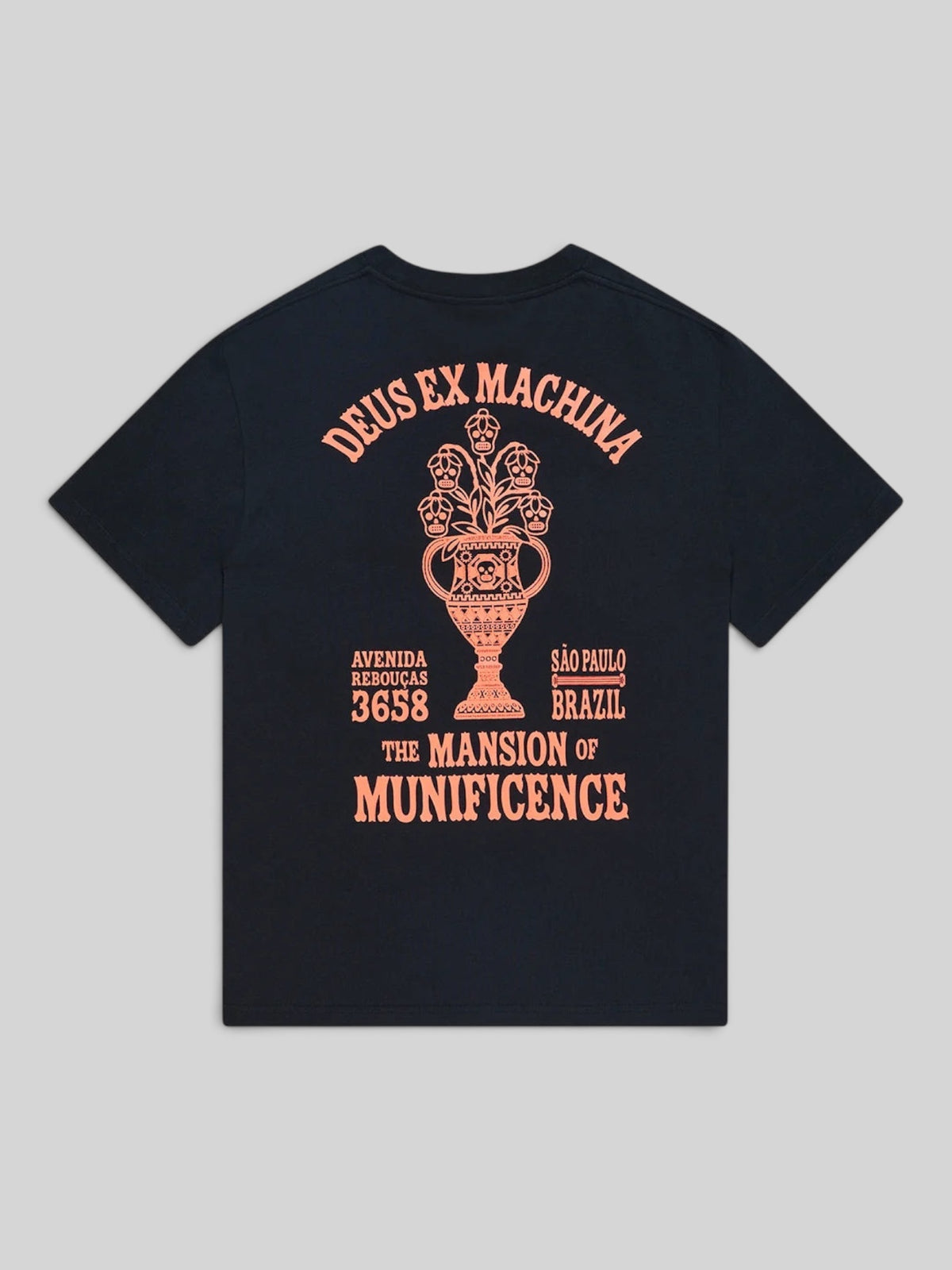 Baffle Haus black box fit t-shirt with orange graphic print on the back featuring a ceramic vase and text.