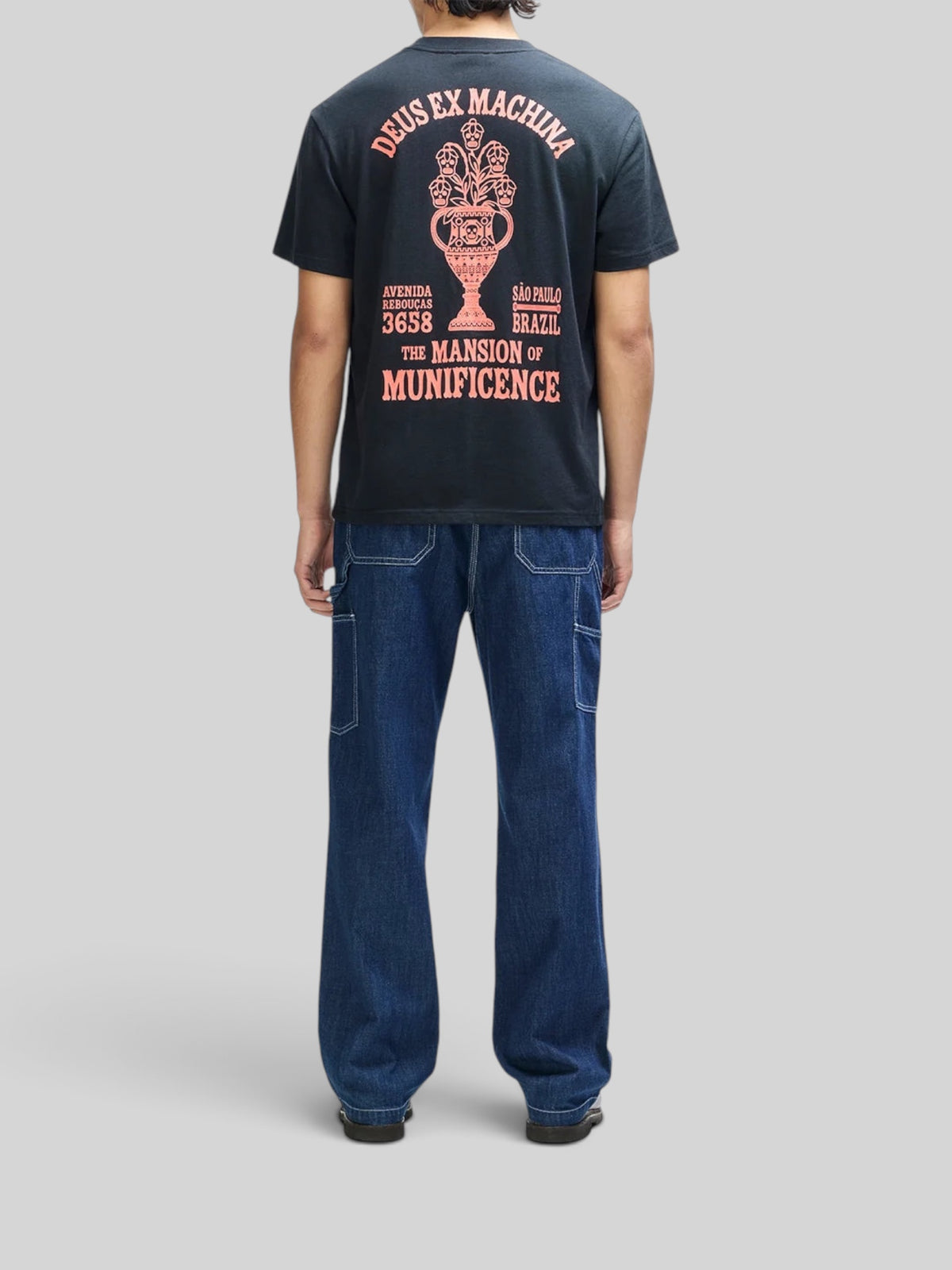 Baffle Haus black box fit tee with pink graphic print on back, made from recycled cotton and polyester jersey.