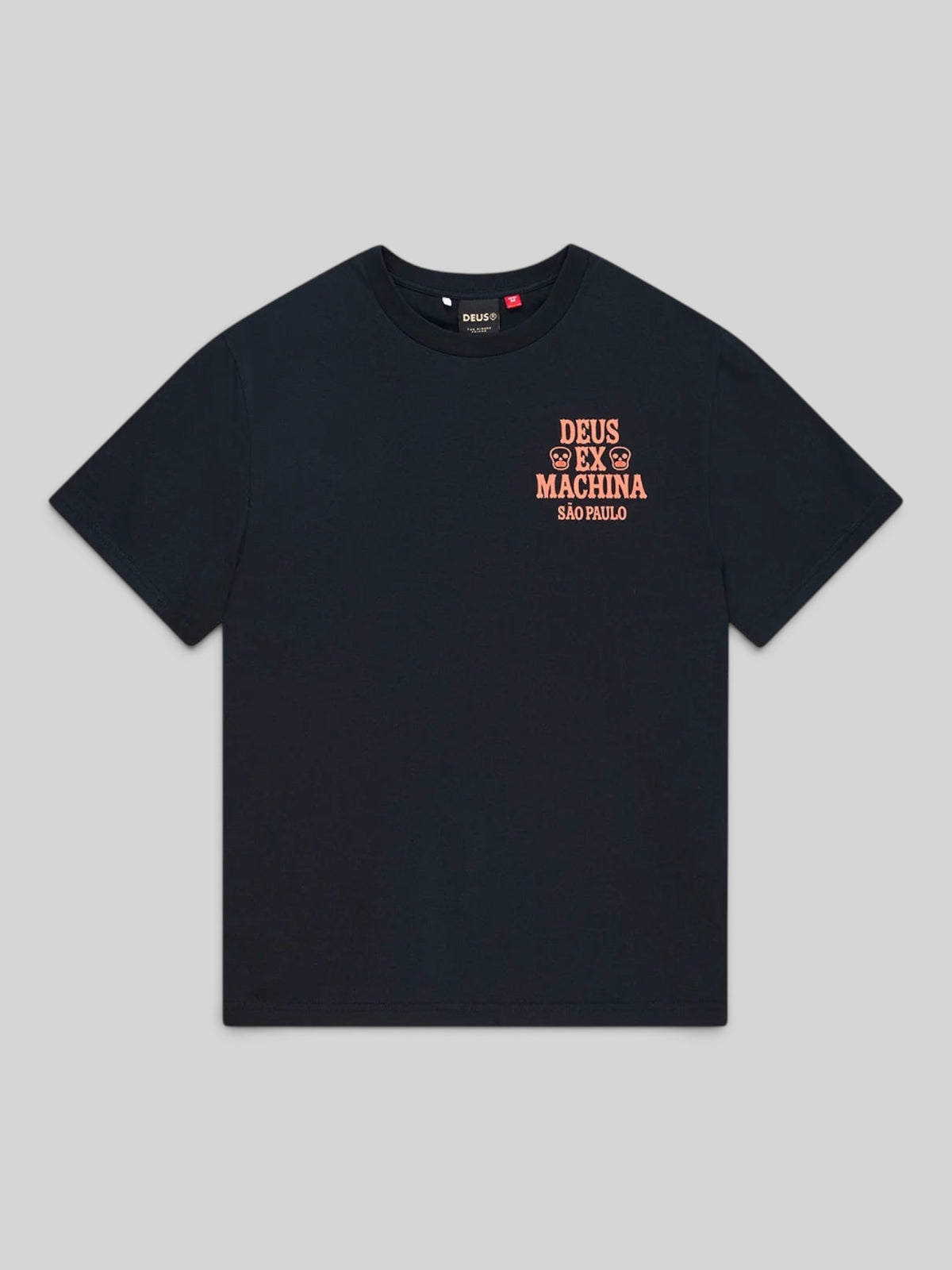 Baffle Haus black box fit t-shirt in recycled cotton blend with peach-colored graphic print on the chest