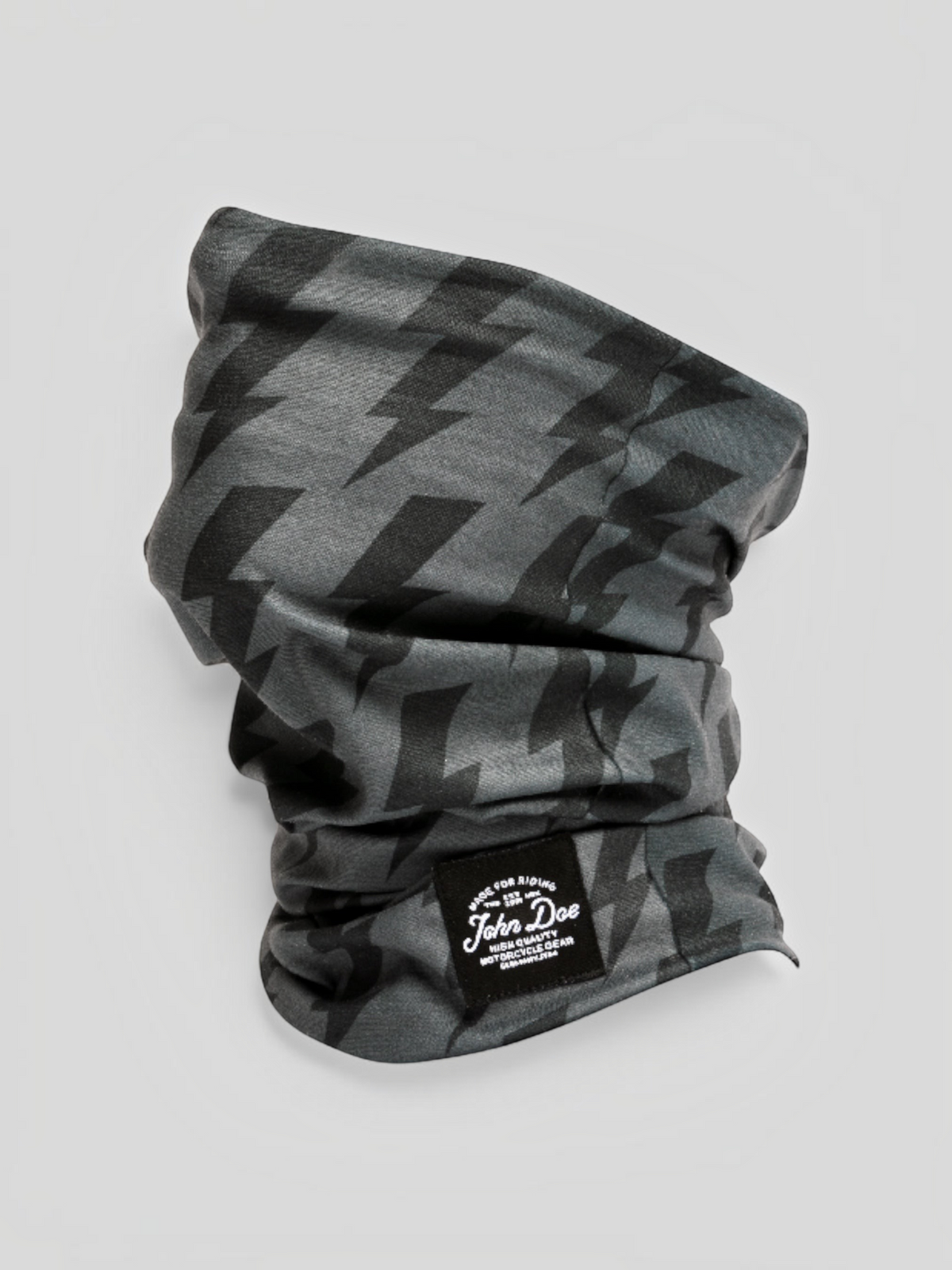 Baffle Haus John Doe black and grey lightning bolt print seamless microfiber neck tube for motorcycle riding