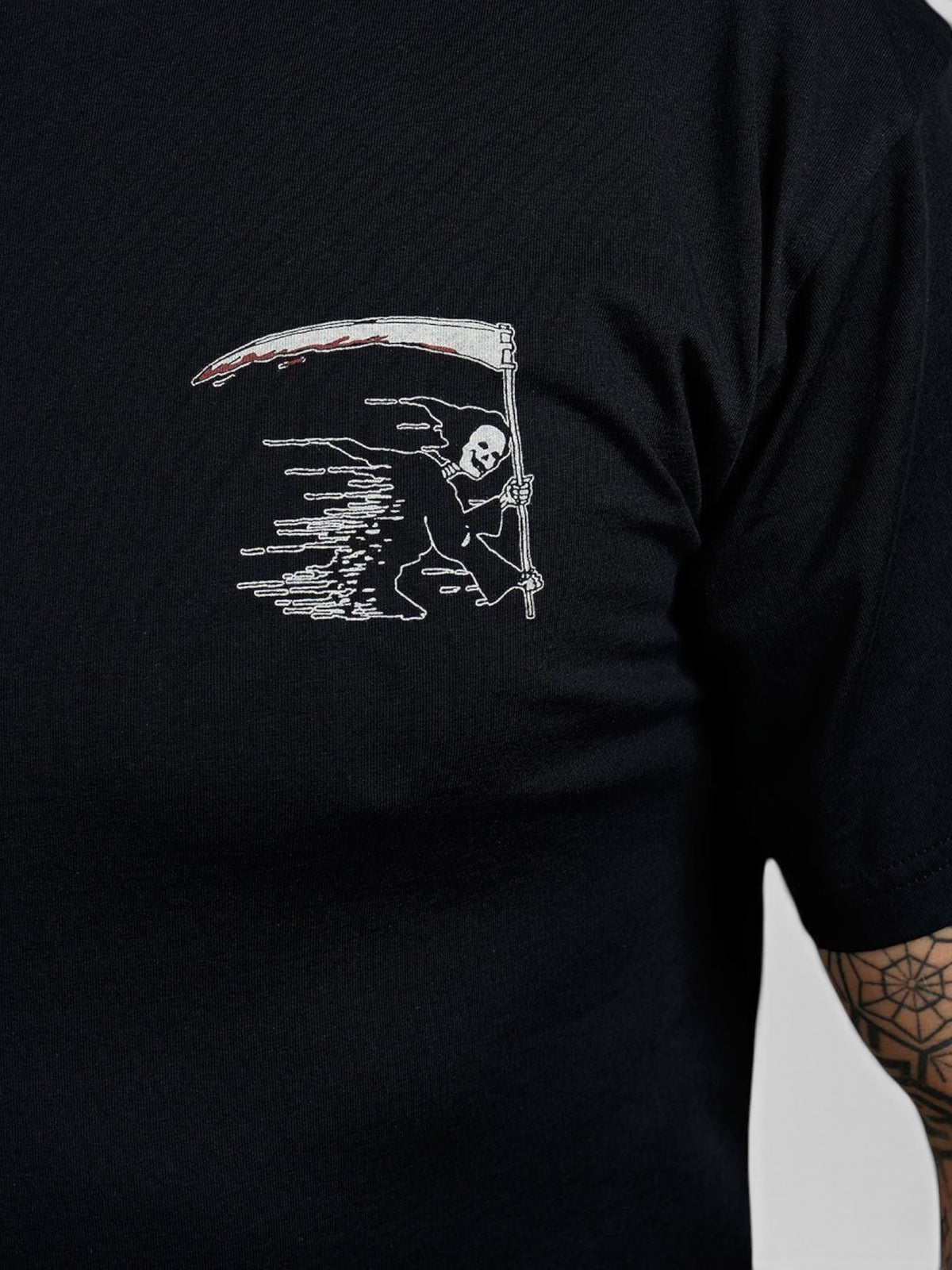 Baffle Haus black 100% cotton sports t-shirt featuring a white embroidered grim reaper graphic on the chest.