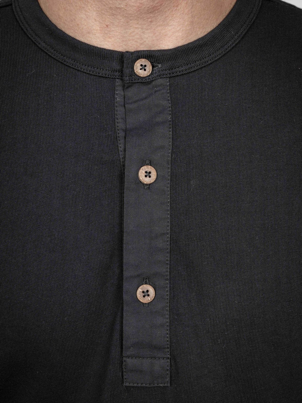 Baffle Haus 1927 Henley long sleeve shirt in deep black cotton with authentic coconut buttons and ribbed neckline