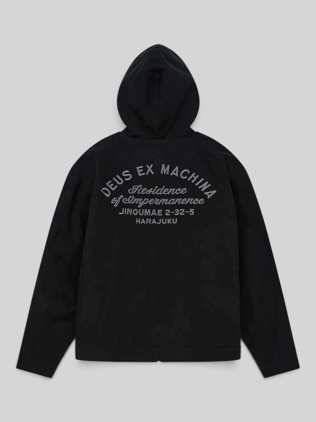 Baffle Haus black cotton canvas hooded work jacket with embroidered back graphic and zip front closure.