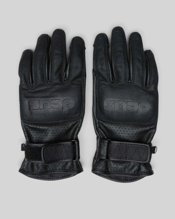 Baffle Haus Rider's Friend black goat nappa leather motorcycle gloves with embossed art and velcro wrist straps.