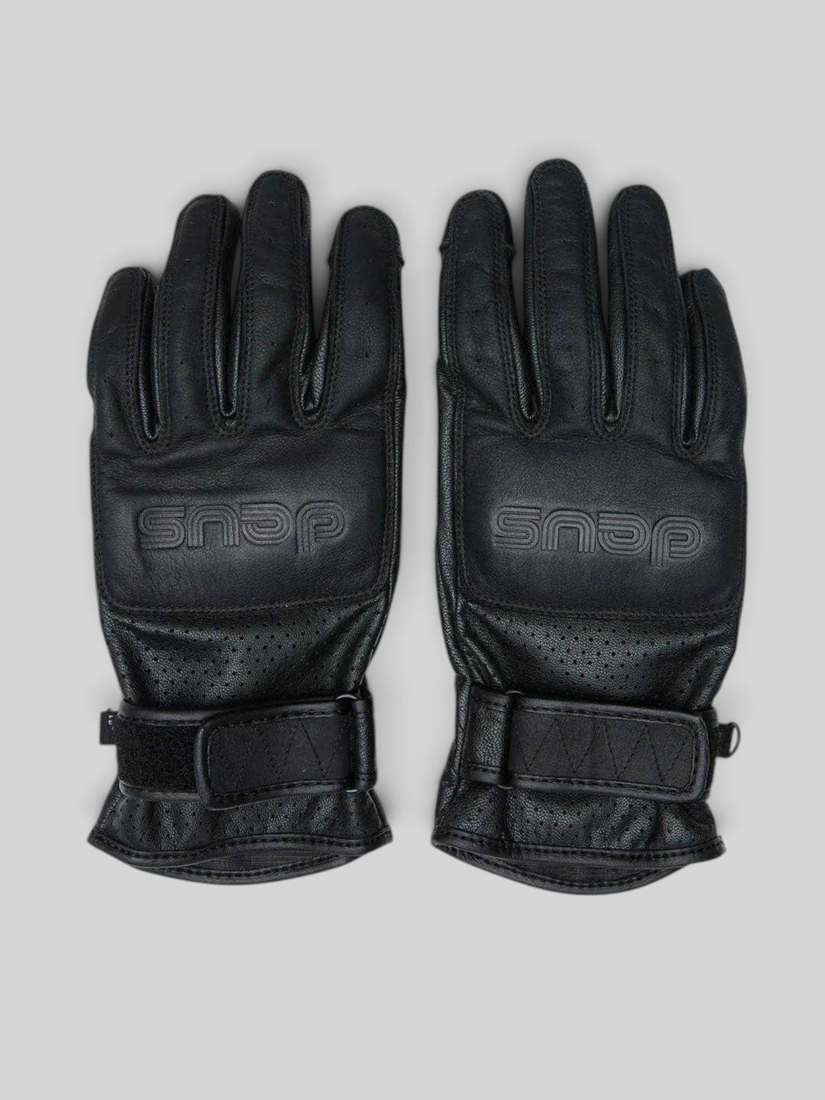 Baffle Haus Rider's Friend black goat nappa leather motorcycle gloves with embossed art and velcro wrist straps.