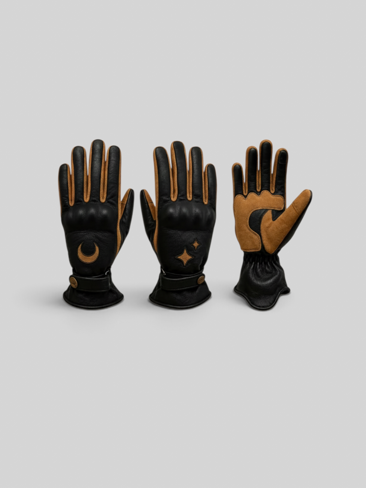 Baffle Haus KP Arizona Classic motorcycle gloves in black cowhide leather with camel suede moon and star detailing.