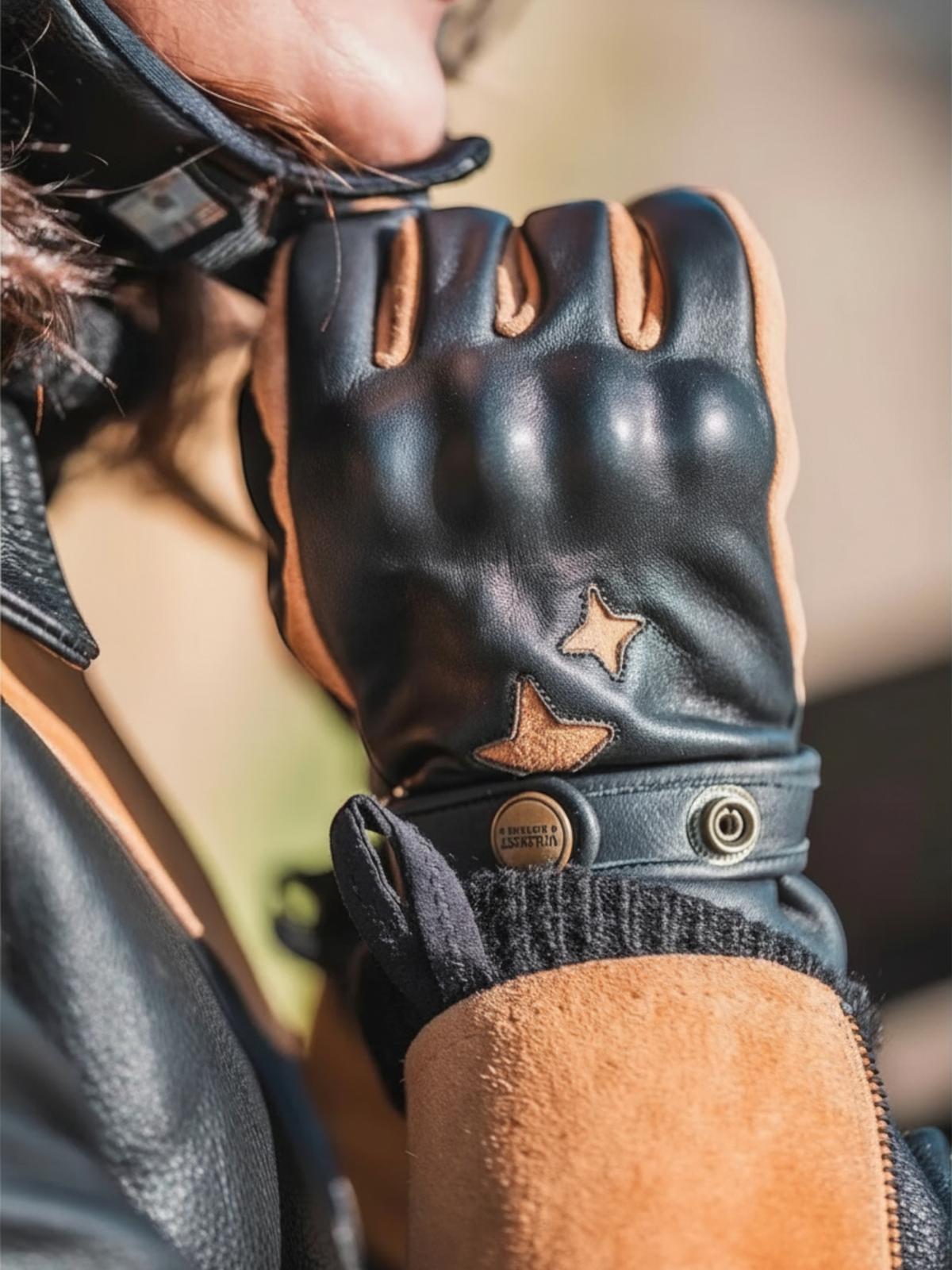 Baffle Haus KP Arizona motorcycle gloves in black cowhide leather with camel suede star detailing and knuckle protection