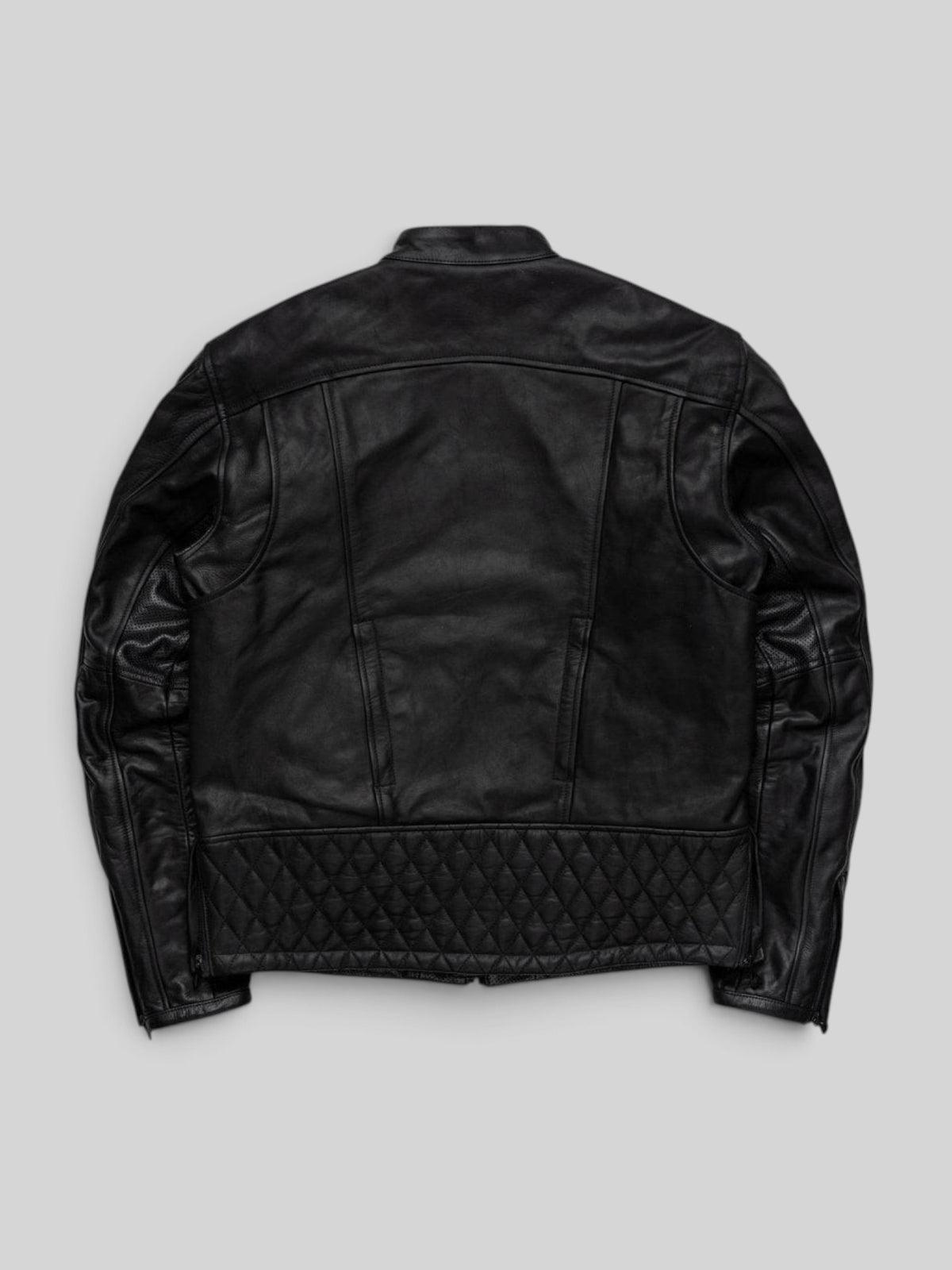 Baffle Haus Motone Revolver black cowhide leather motorcycle jacket with diamond-quilted back detail, back view