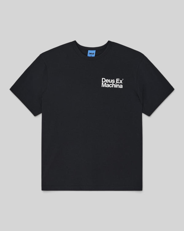 Baffle Haus black short sleeve t-shirt in organic cotton with white Deus Ex Machina logo print on the chest.