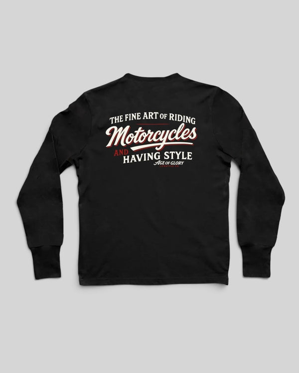 Baffle Haus black long sleeve cotton t-shirt with vintage style white and red screen printed back graphic
