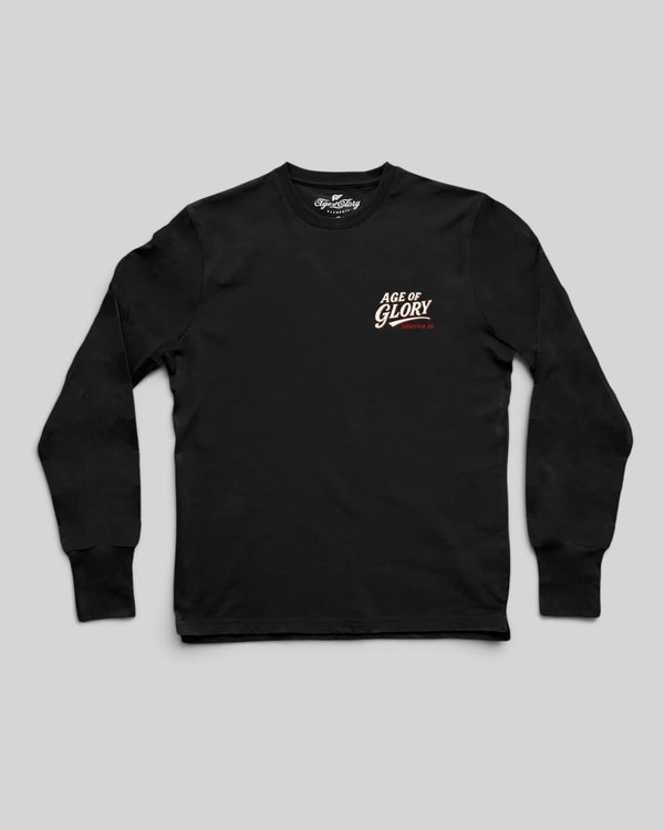 Baffle Haus black long sleeve cotton t-shirt with Age of Glory chest logo print