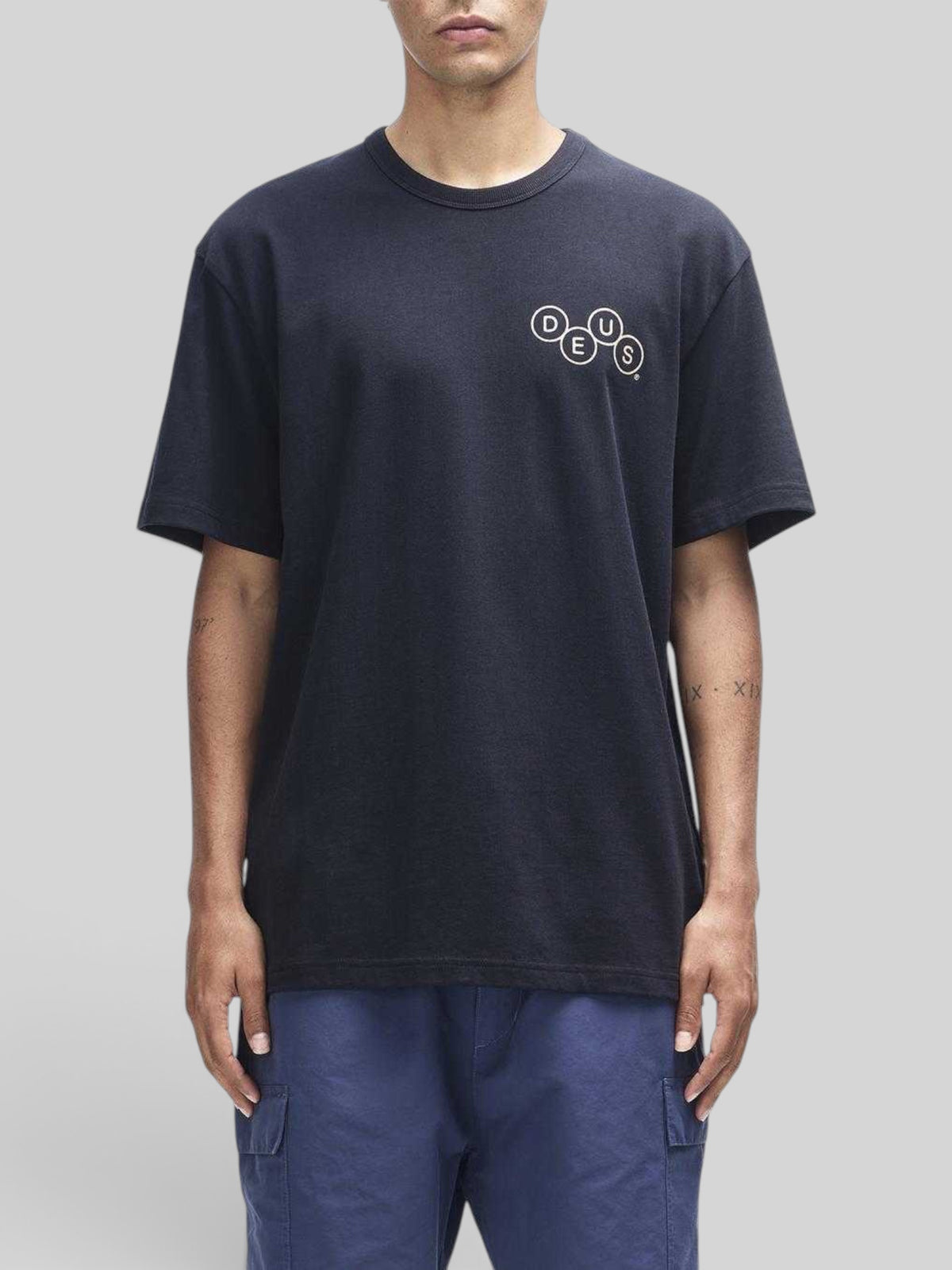 Baffle Haus black short sleeve t-shirt in organic cotton jersey with a circular graphic print on the chest