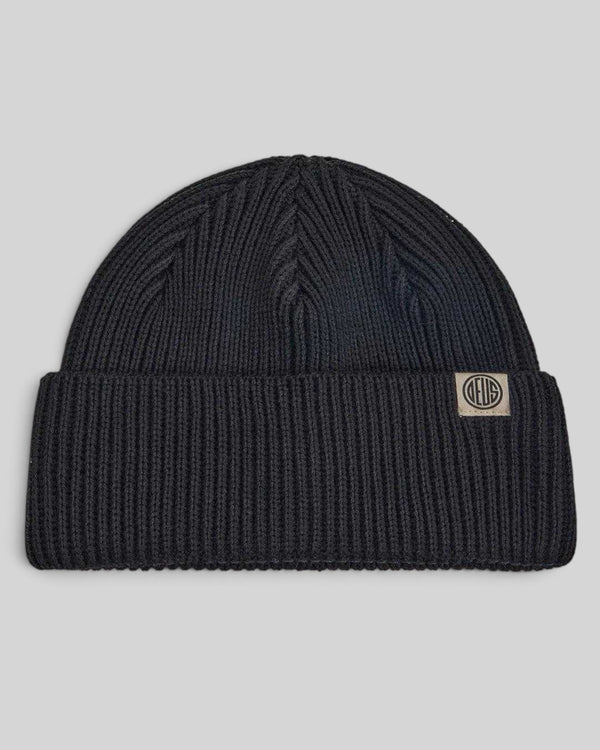 Baffle Haus black merino wool watch cap beanie with a double fold turnover and circular knit crown construction