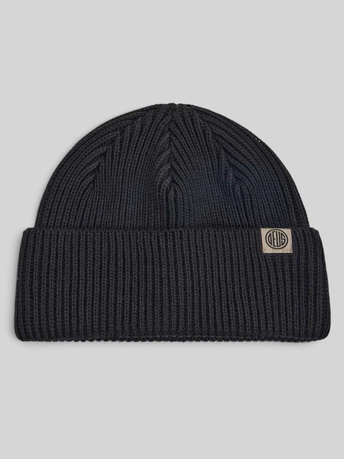 Baffle Haus black merino wool watch cap beanie with a double fold turnover and circular knit crown construction