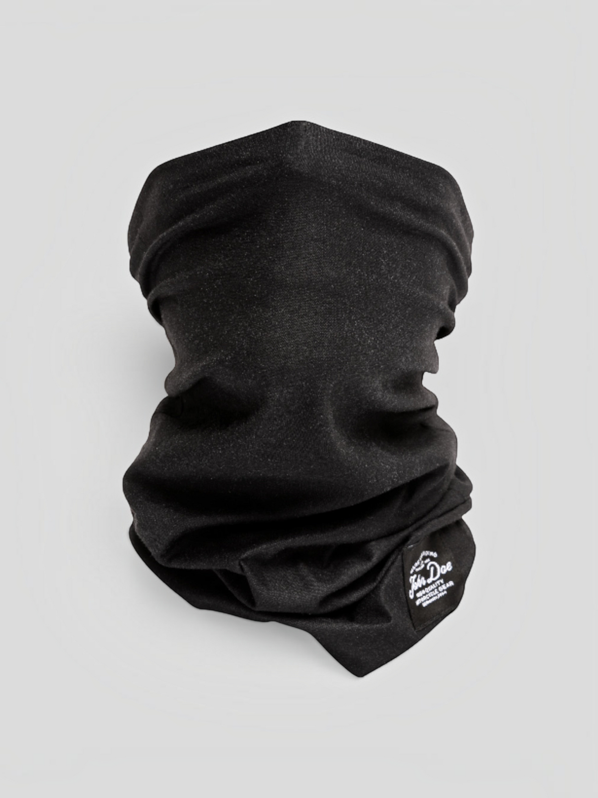 Baffle Haus black seamless microfiber neck tube with John Doe branding, suitable as a face mask or neck warmer.