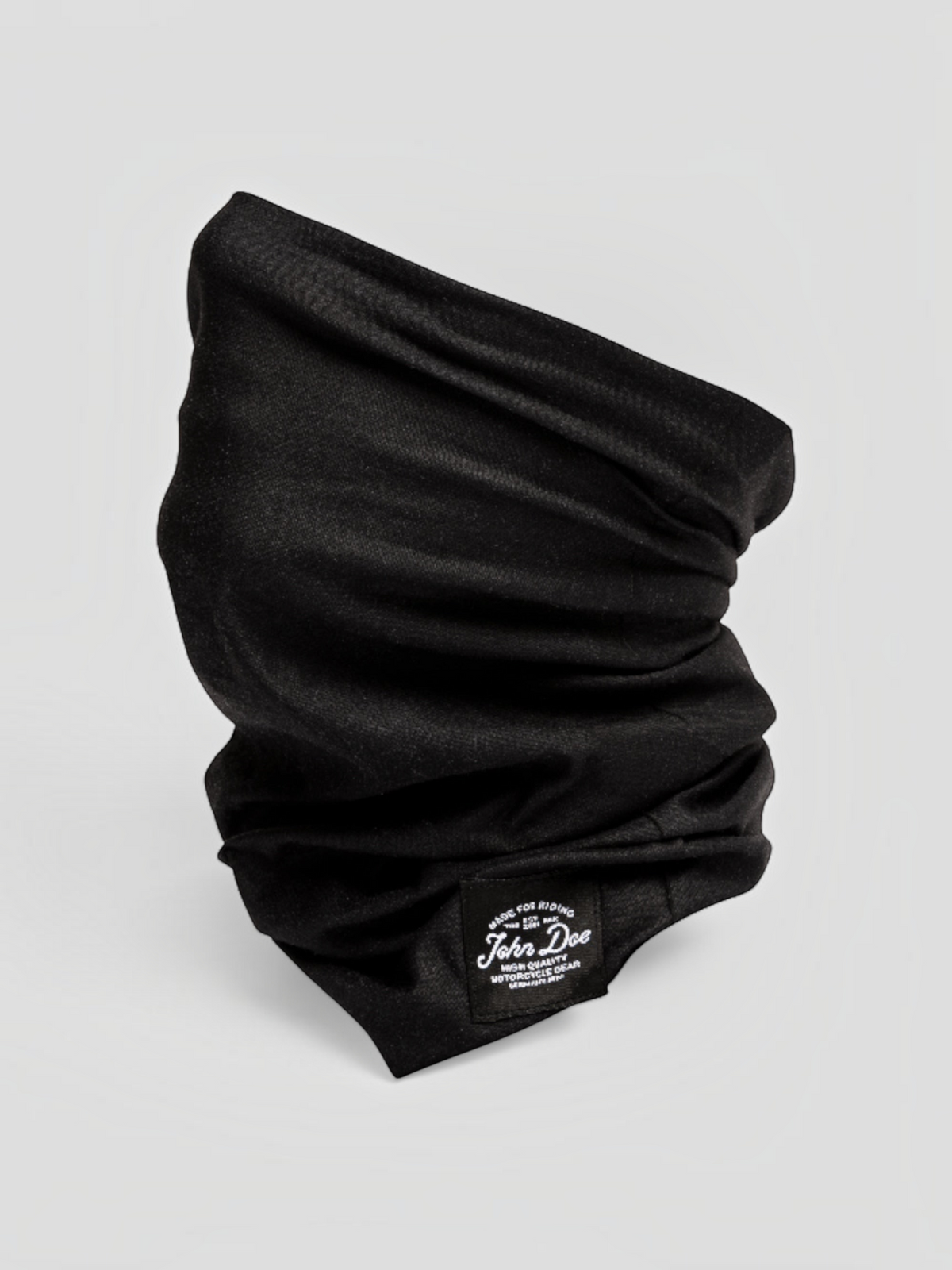 Baffle Haus black seam-free microfiber neck tube with John Doe branding for motorcycle riding and outdoor sports.