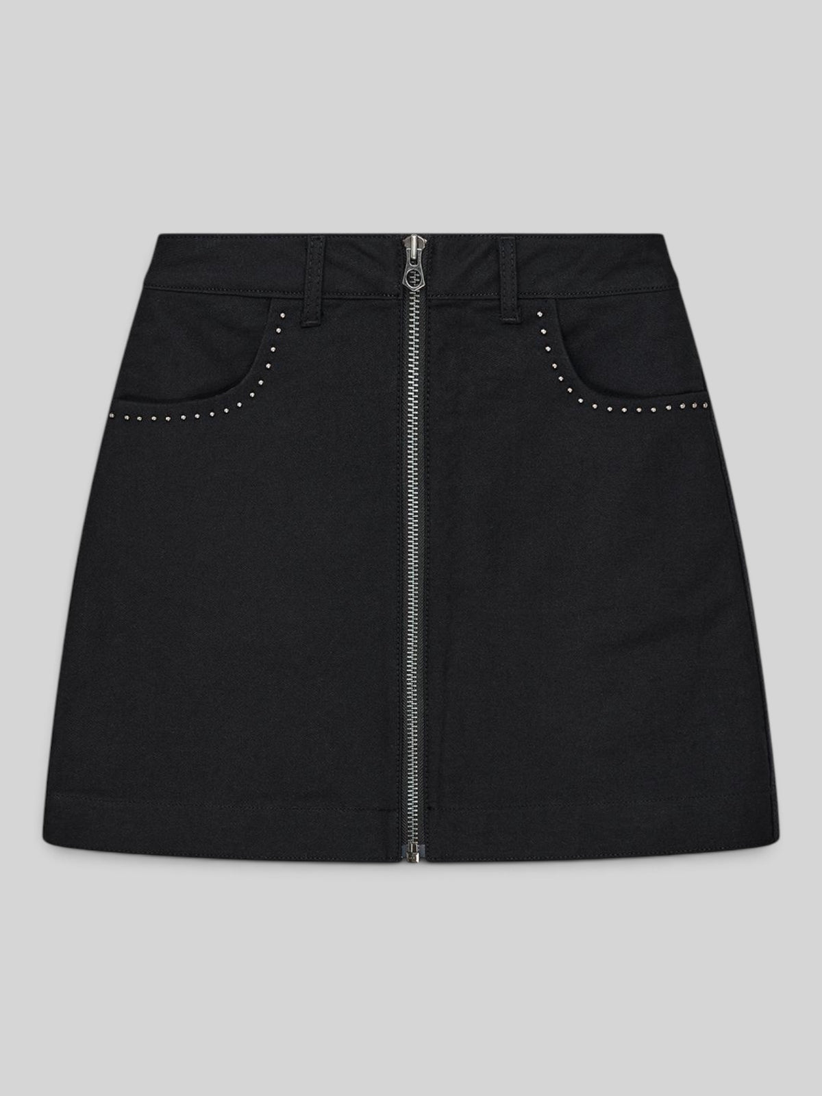 Baffle Haus Outlaw black cotton moleskin mini skirt with front zip and studded pocket detail