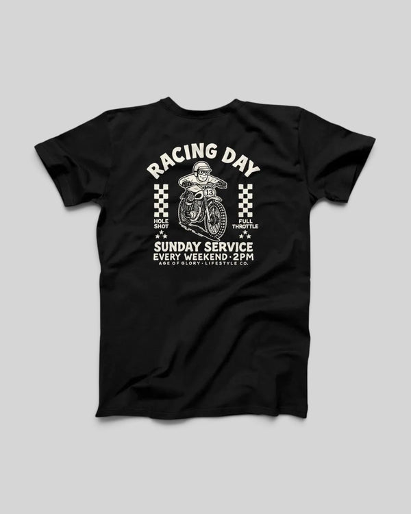 Baffle Haus black 100% cotton t-shirt featuring a vintage motocross screen print on the back