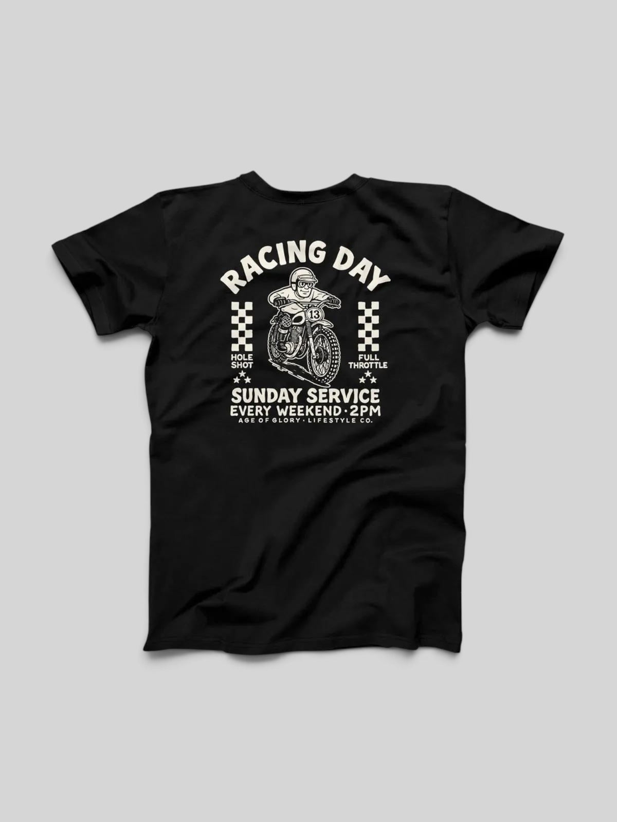 Baffle Haus black 100% cotton t-shirt featuring a vintage motocross screen print on the back