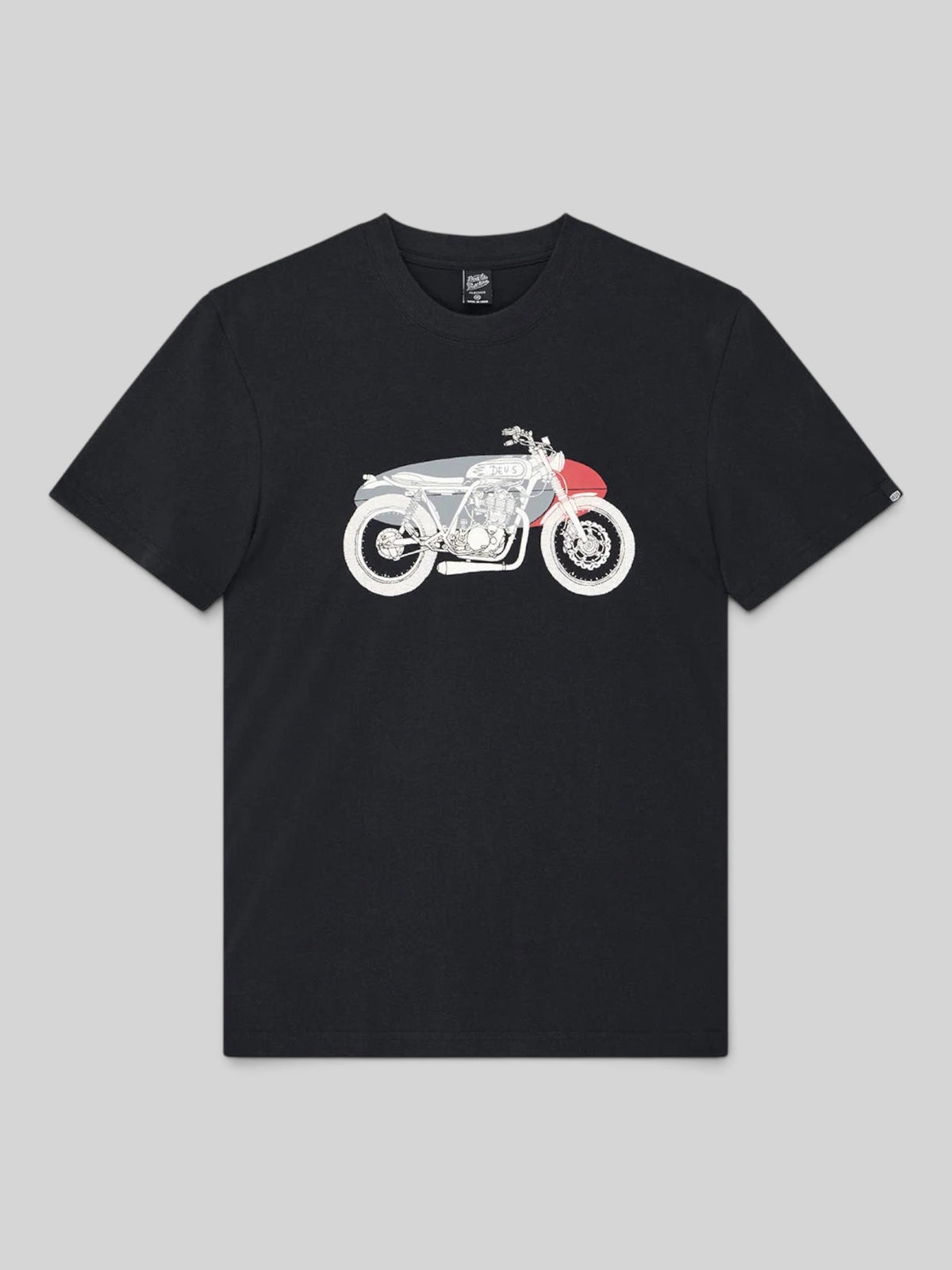 Baffle Haus black organic cotton box fit t-shirt featuring a white and red motorcycle graphic on the chest
