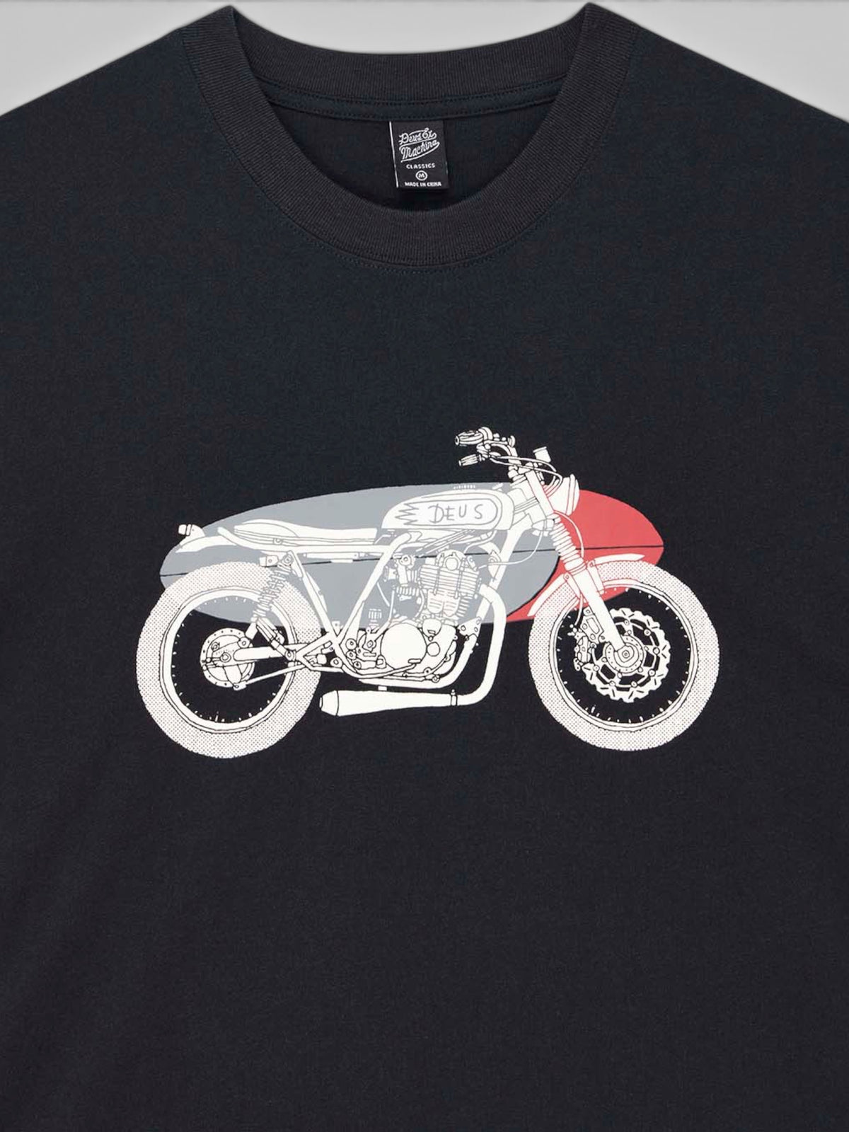 Baffle Haus black organic cotton t-shirt featuring a white and red graphic of a vintage motorcycle on the chest