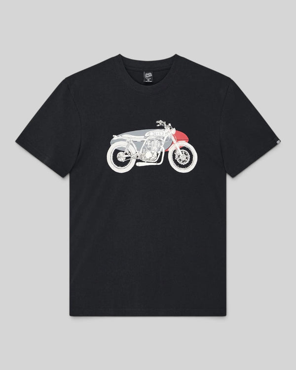 Baffle Haus Drovers Dog black organic cotton box fit t-shirt featuring a vintage motorcycle graphic on the chest.
