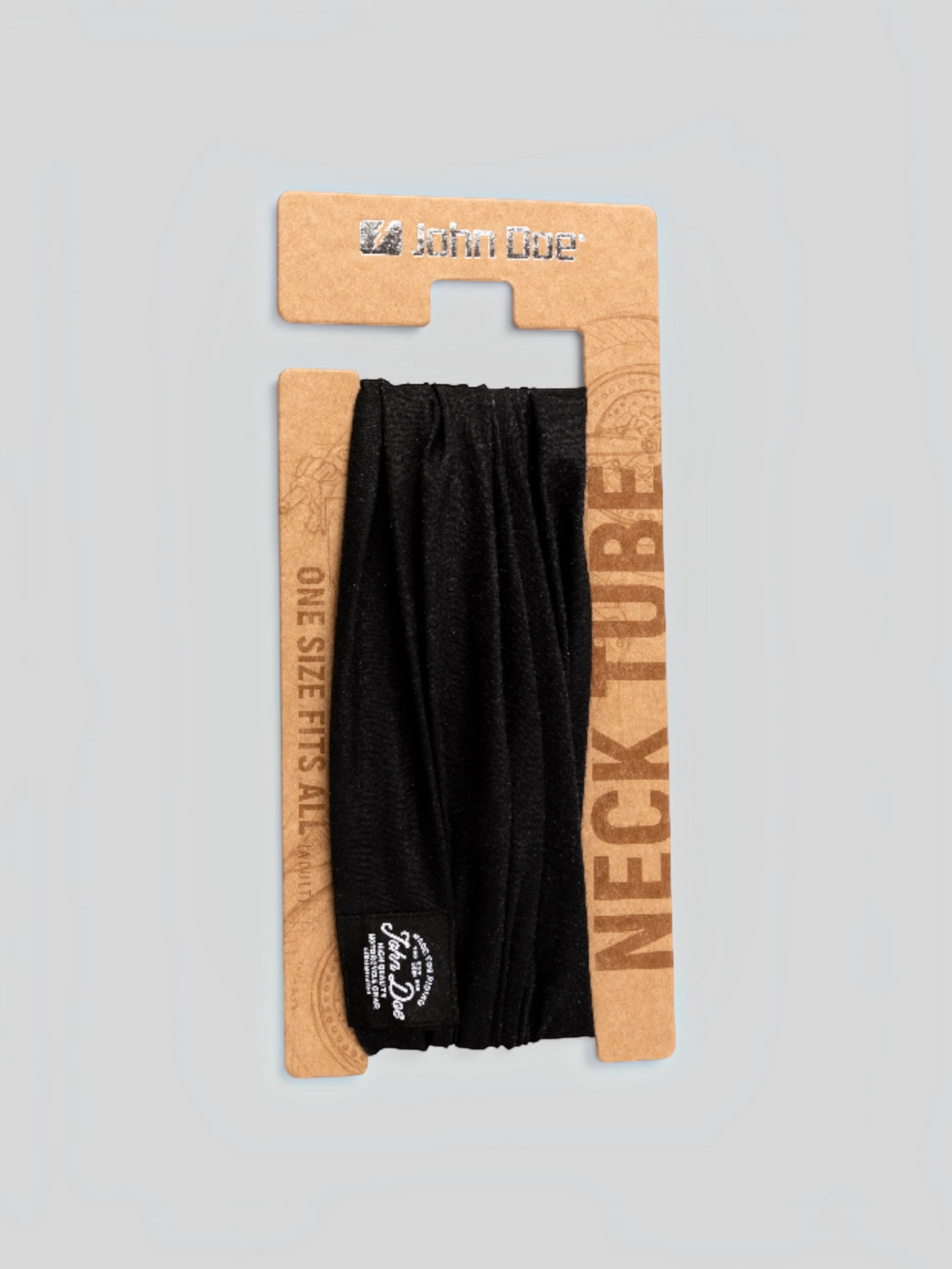 Baffle Haus black seam-free technical microfiber neck tube on branded cardboard packaging
