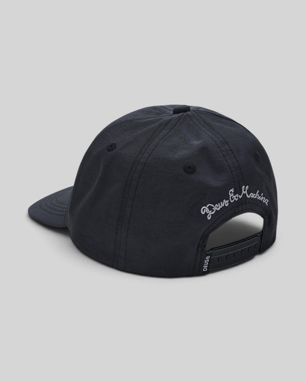 Baffle Haus black nylon mid crown unstructured cap with rear snap closure and embroidered logo detail